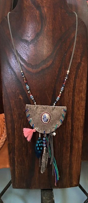 Long Grey Felt and feathered necklace