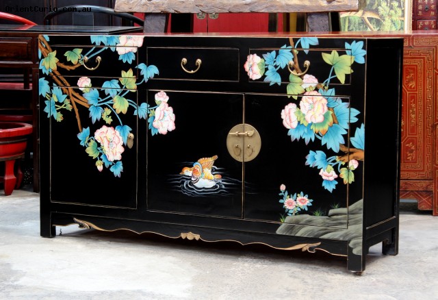 Chinese Black Lacquer Painted Sideboard 