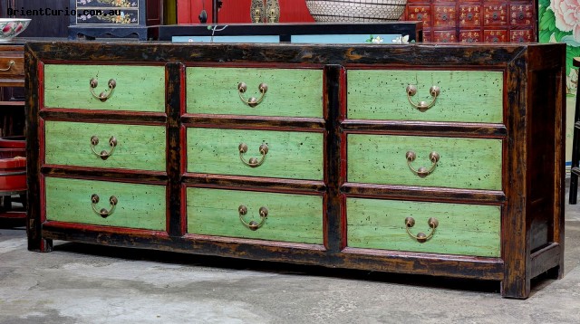 Chinese Black and Green Lacquer 9 Drawer