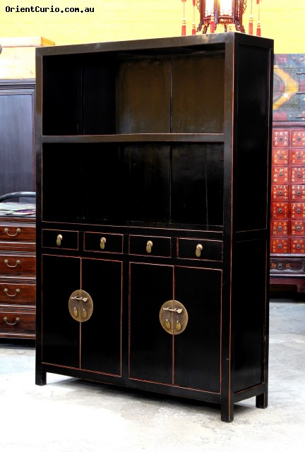 Chinese Black Lacquer Bookshelf Cabinet 