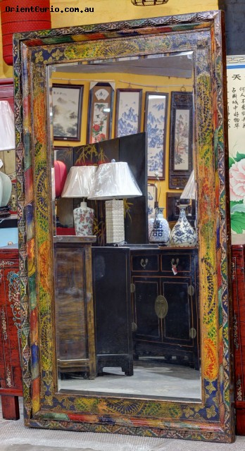 Vintage Tibetan Painting Floor Mirror or