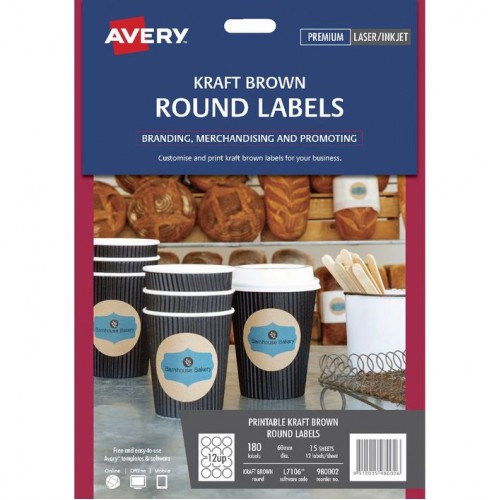 Avery 12up Kraft Round 60mm Labels Pkt 5