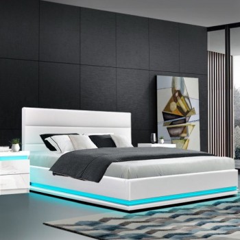  LED Bed Frame PU Leather Gas Lift Stora