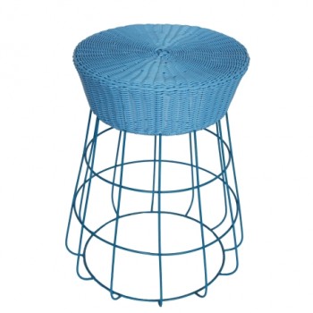 Circular Rattan and Wire Stool - Blue