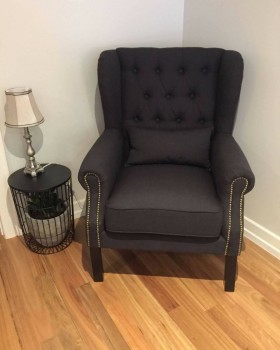 BLACK LINEN FRENCH WING BACK ARM CHAIR